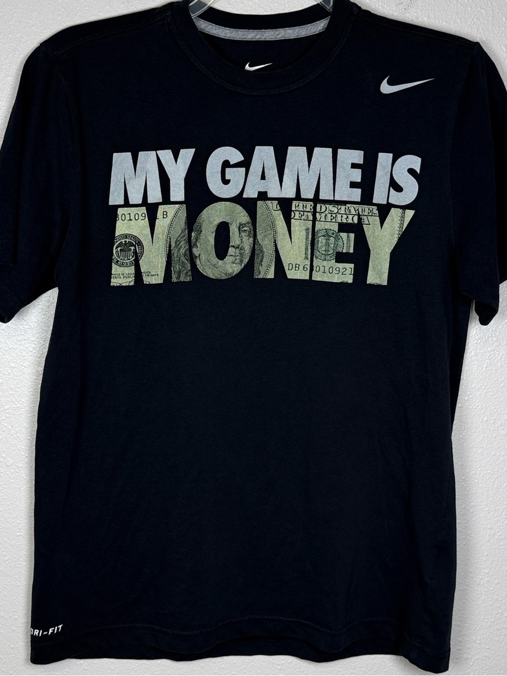 Nike Graphic MY GAME IS MONEY Dri FIT Tee Shirt Mens M Black Cash Print Athletic